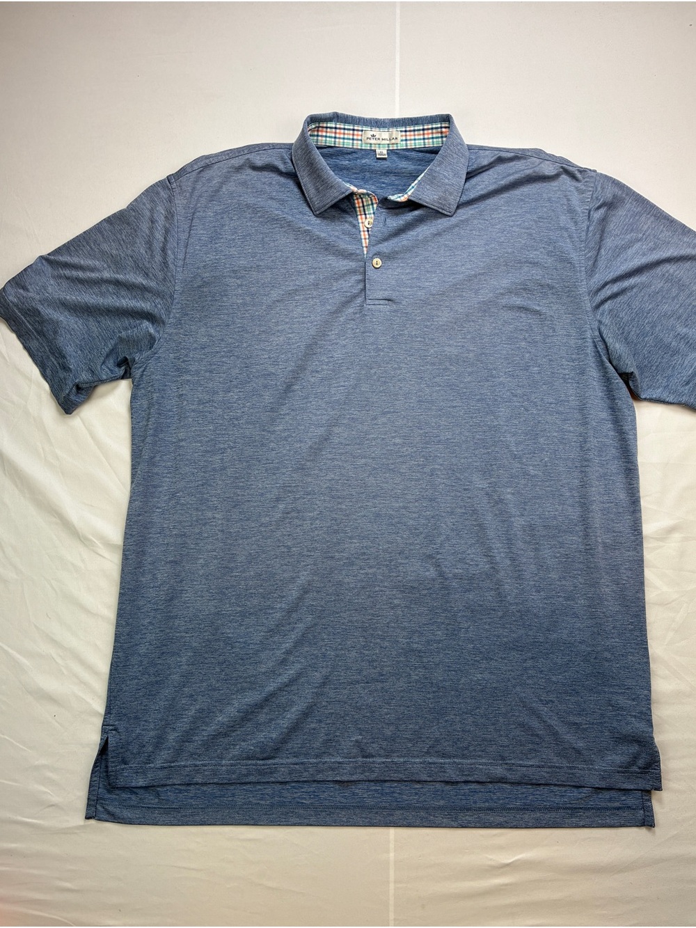 Peter Millar Heathered Blue Dry Fit Polo with Plaid Collar Trim